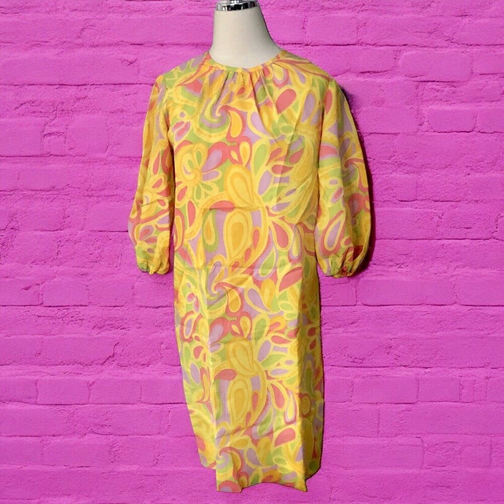 Vintage 60s GoGo Dress Yellow Pink Retro Hippie Colorful Flower Power
